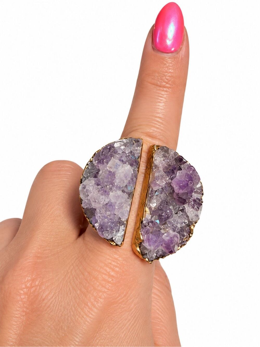 Amethyst Druzy Crystal Geode Statement Ring Gold Tone Adjustable